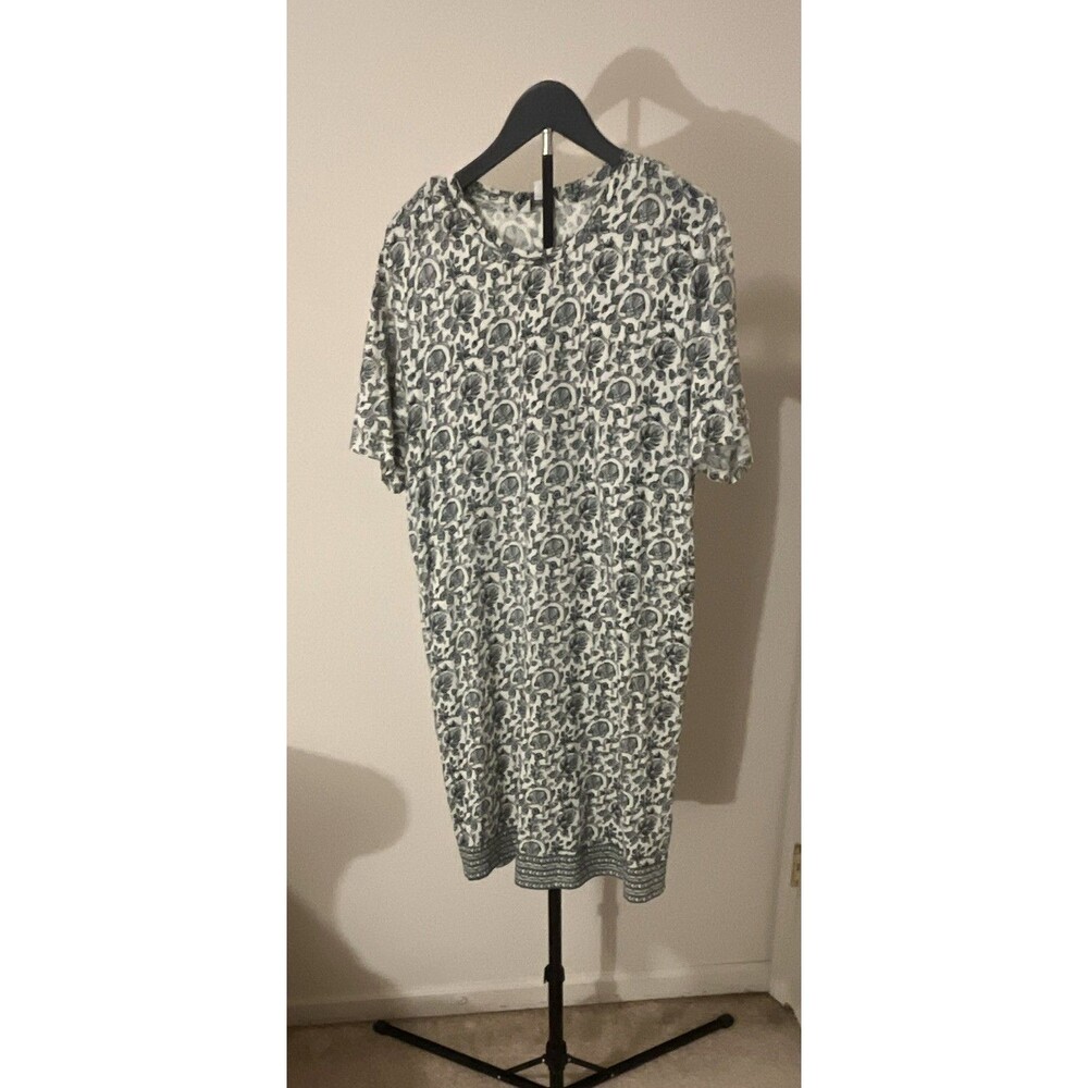 Lucky Brand White Green Floral Round Neck Short Sleeve Knee Dress Womens XL